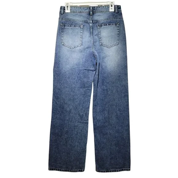 High-Waisted Wide-Leg Jeans Womens Medium Wash Relaxed Fit Denim - Picture 2 of 8